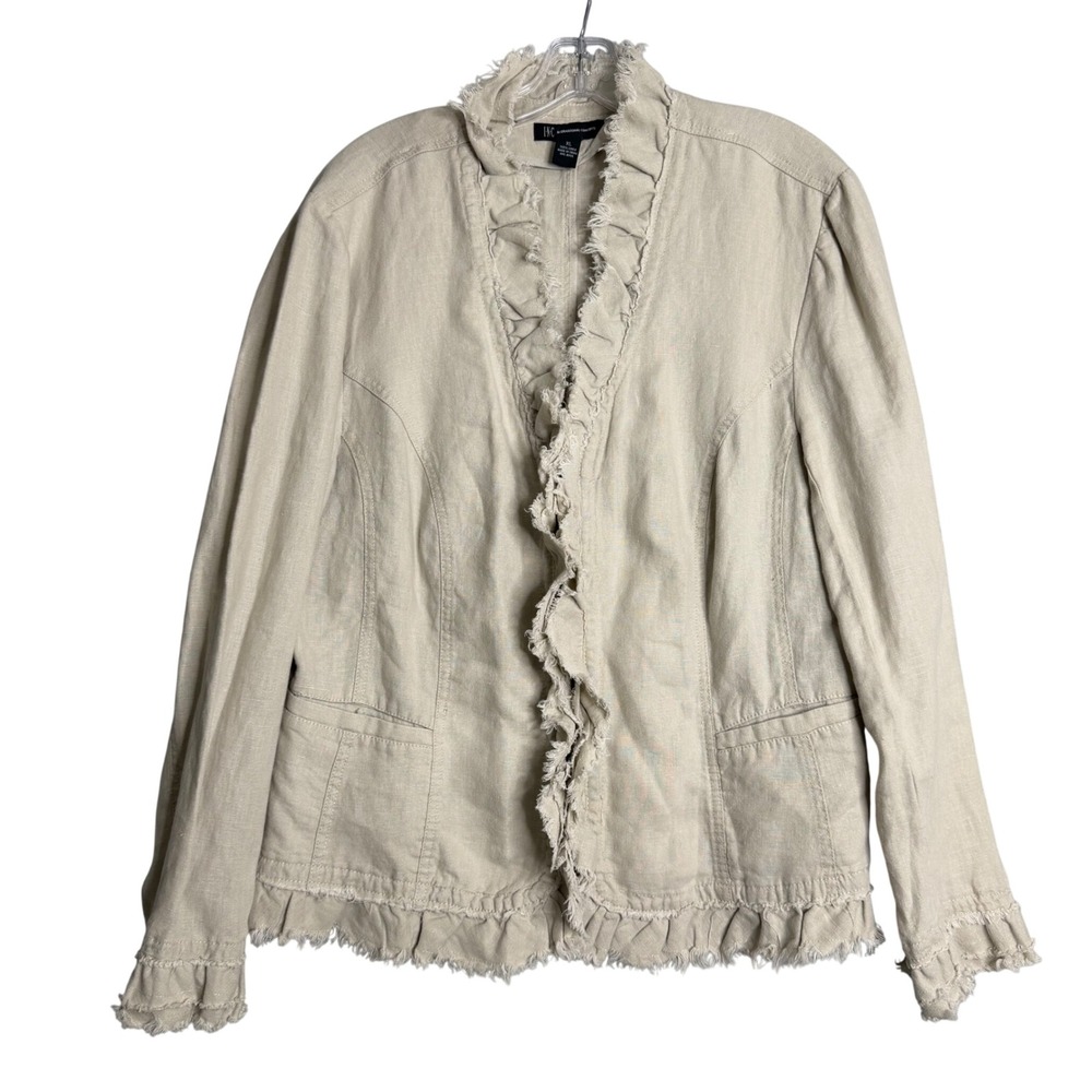 INC 100% Linen Jacket Womens XL‎ Beige Ruffle Lagenlook Artsy Earthy Boho